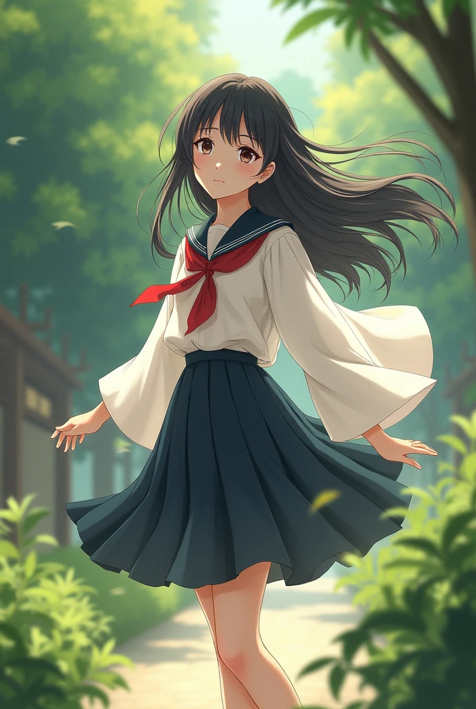 Girl's high school uniform blowing in the wind.