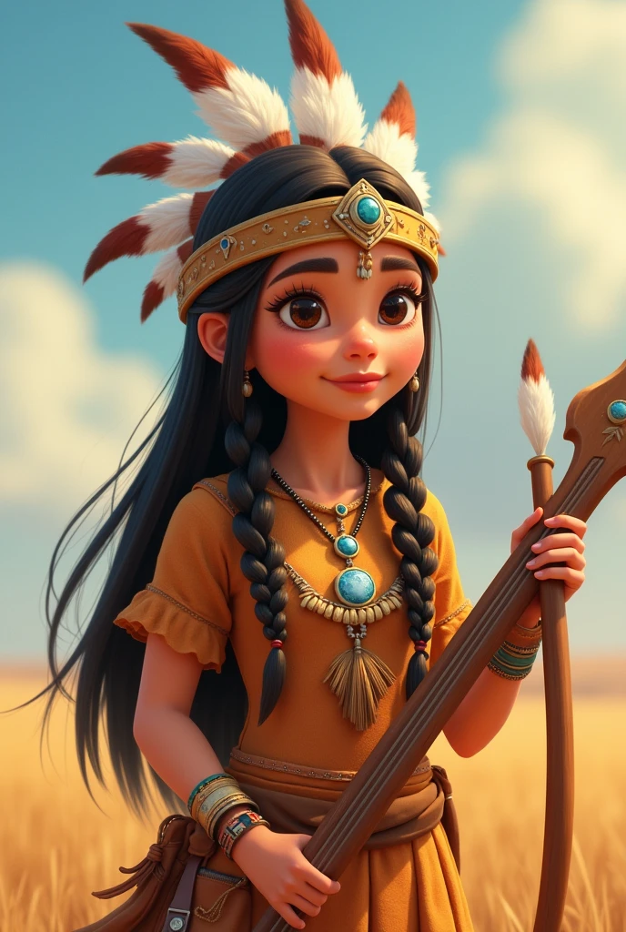 Prairie Tribal Princess, modern cartoon, practical, tribal costumes, holding Musical Instruments, sharp, best quality, 4K, extremely detailed, best quality, 8,000, amazing details