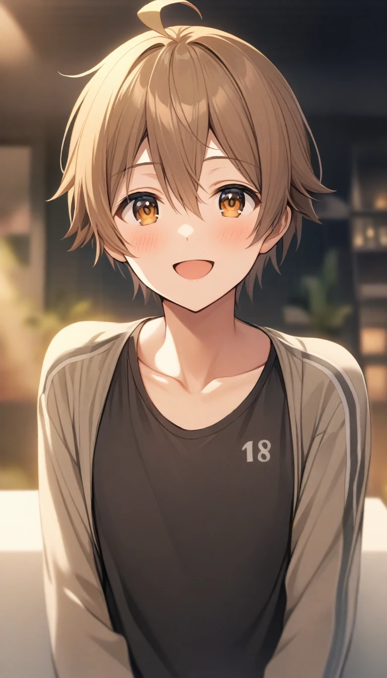 masterpiece, best quality, very aesthetic, absurdres, very detailed, score_9, score_8_up, score_7_up, depth of field, ((1boy, solo, male only, male focus, upperbody)), (mashiro_tomoya, brown hair, brown eyes, short hair, hair between eyes, bangs, ahoge), happy, looking at viewer, facing viewer, collarbone, , Swimsuit