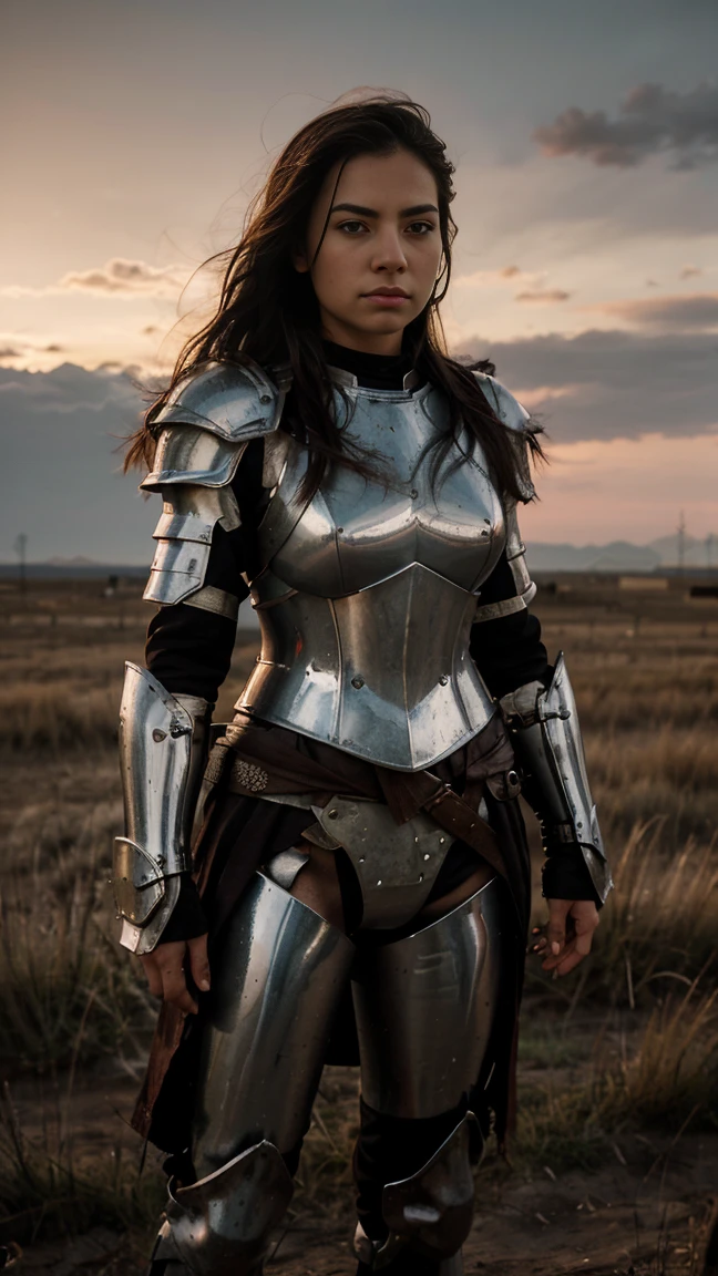A fearless female warrior stands on a windswept battlefield at dusk, her armor gleaming and eyes fierce, embodying courage and readiness to face any challenge