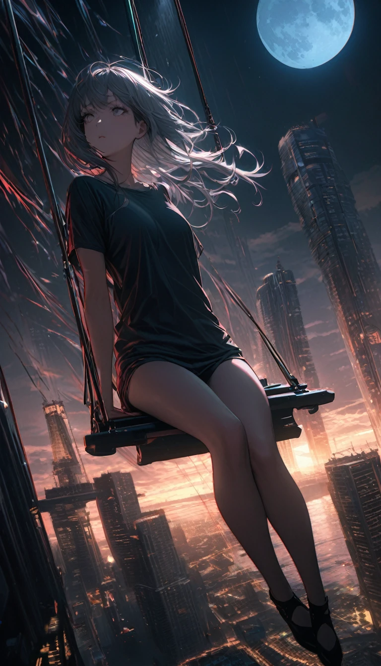 High resolution, Highest quality, high resolution, Super Fine, 16K, Incredibly absurd, Very detailed, Beautiful woman sitting on a trapeze suspended between two skyscrapers, Gazing into the distance, Wear a loose long T-shirt, Captivating look, Wind, Wind-effect, moonlit ocean, (Nice views:1.1) , Clockpunk