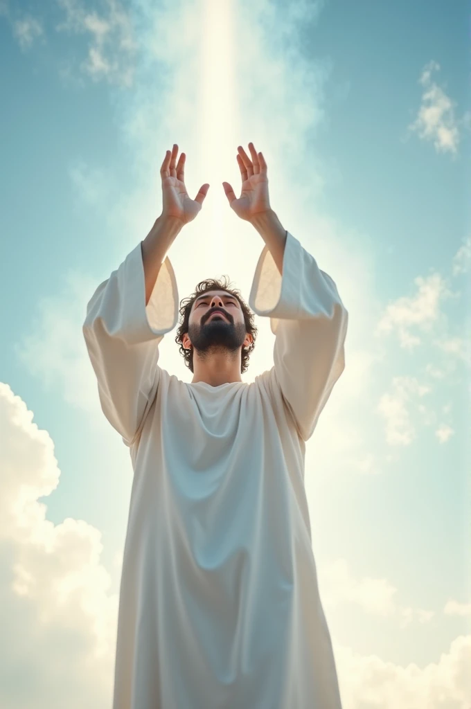 A man or woman is praying with hands raised to the sky, Wearing simple white clothing, Surrounded by soft light. In the background there is a view of a clear sky with white clouds, Depicting a sincere faith in God.