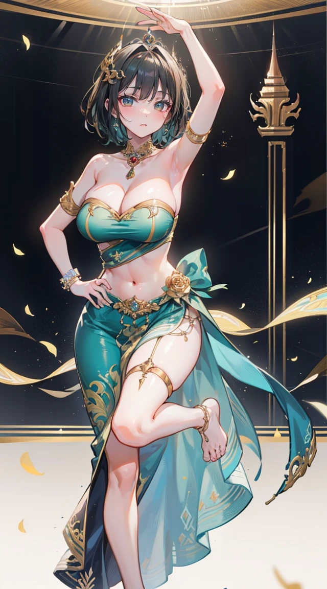 (2 young women ,beautiful woman),smile,(light green short hair),nobility,(princess),blue student,Tall figure,((Strapless Thai dress)),low skirt,(Strapless Thai dressที่ไม่ทีสาย),ta skirt,Show your legs,Barefoot,red carpet,prom website,(nobility),(big tits),(Various positions),Highest quality、Highest picture quality、Masterpiece,, ,(((Navel drive,dance,dance,Thai dance)))