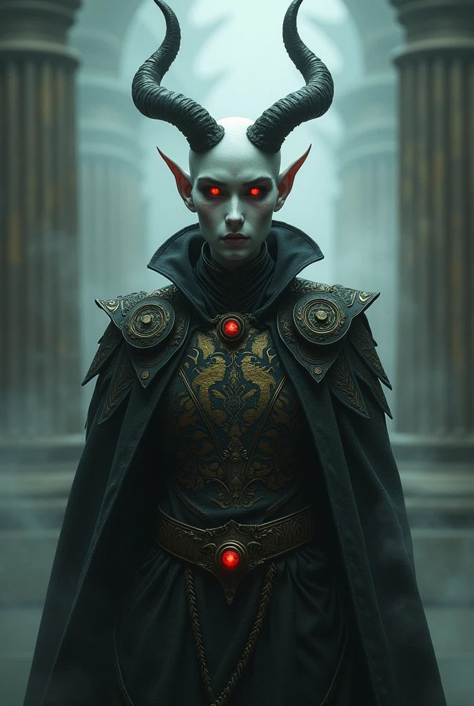 Human with red eyes, fair skin, horns and medieval clothing 
