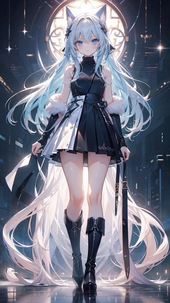 long hair，thin，，Clarity，high-definition，big eyes，Blue Eyes，Facing the audience，beauty，Extremely high image quality，超Clarity的画面，modern style，Over-the-knee boots，Sleeveless sweater