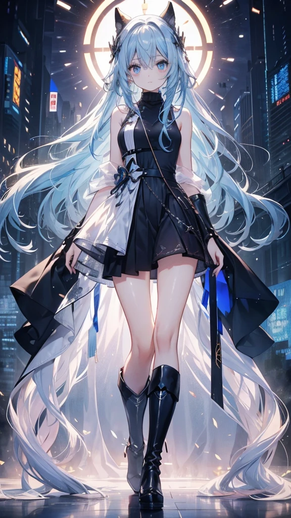 long hair,thin,,Clarity,high-definition,big eyes,Blue Eyes,Facing the audience,beauty,Extremely high image quality,超Clarity的画面,modern style,Over-the-knee boots,Sleeveless sweater