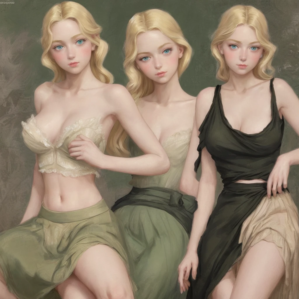 5 girls,Group long blonde hair, Green eyes, 1930s European style, high quality, full-body shot, , Big breasts, beauty的腿, Shoulderless crop top and skirt , delicate eyes, Delicate lips, Extremely detailed face, long eyelashes, Elegant, beautiful, beauty, charming, Exquisite, Realism, 8k, best quality, masterpiece, Shy look anatomically correct, accurate, high detail,