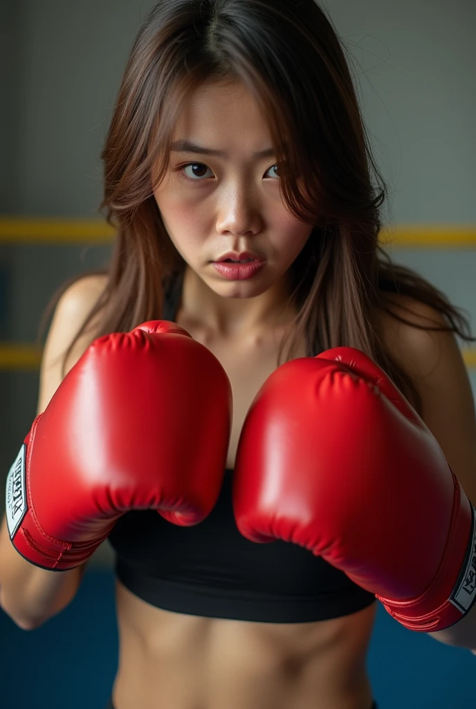 A Beatefil Korean Boxing Girl, Long Brown Hair, Hurt, Another Girl attacking her