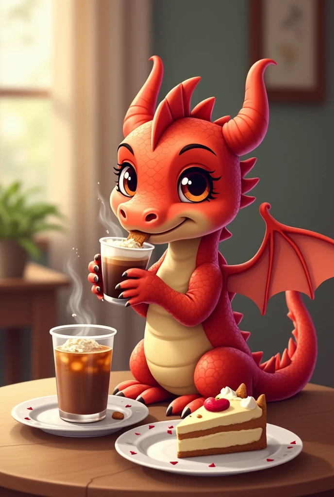 cartoon cute red dragon sipping iced coffee with cake