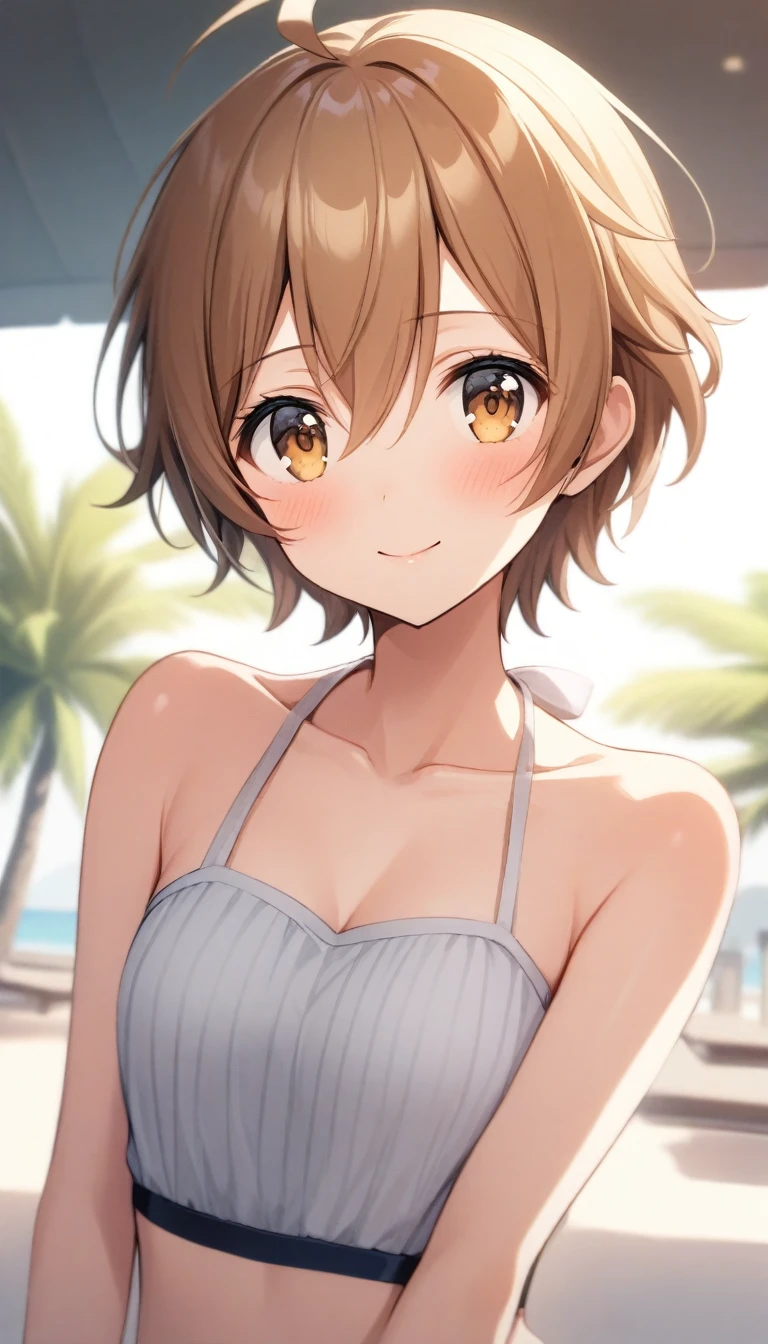 Reddish brown hair　Short Bob　Brown eyes　beautiful girl　Yellow swimsuit　blue sea　White sand beach　Light of the sun　smile