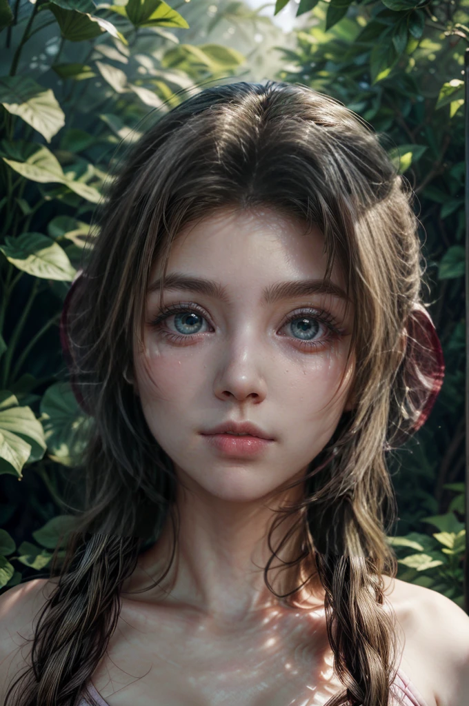a beautiful woman with long brown hair, green eyes, cute lips, detailed face, slender figure, wearing a pink dress, standing in a lush green garden, sunlight streaming through the foliage, magical, serene atmosphere, (best quality,4k,8k,highres,masterpiece:1.2),ultra-detailed,(realistic,photorealistic,photo-realistic:1.37),intricate background details, vibrant colors, soft lighting, fantasy art style