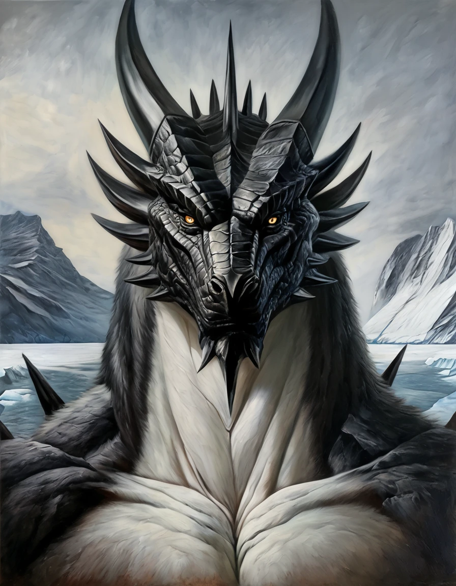 the chest and head of a tall and muscular dragon, wings, body black, big black body, white belly, high quality, looks at the viewer, evil look, Against the backdrop of Antarctica. masterpiece quality. realistic style.