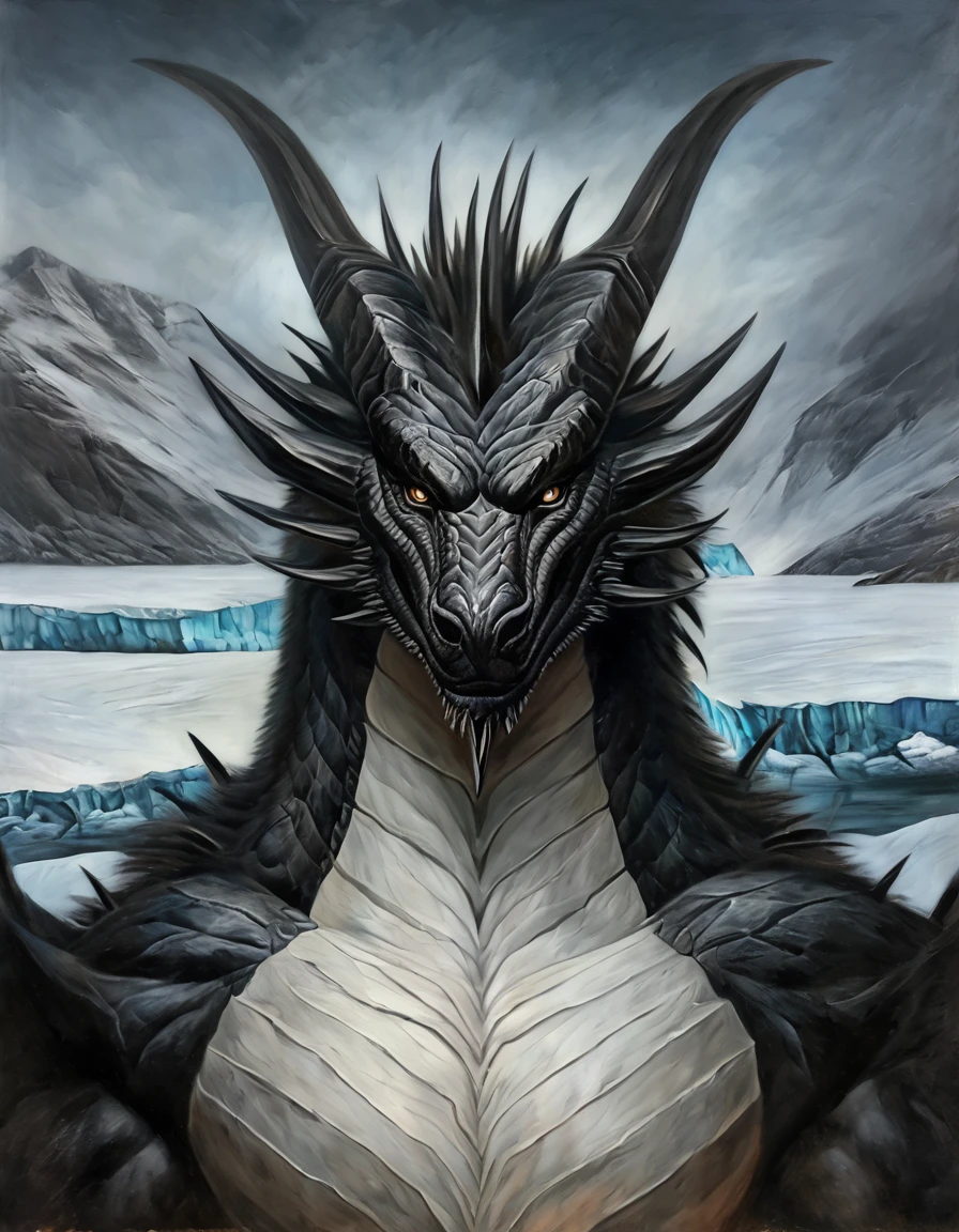  the chest and head of a tall and muscular dragon, wings, body black,  big black body,  white belly, high quality, looks at the viewer, evil look, Against the backdrop of Antarctica. masterpiece quality. realistic style. 