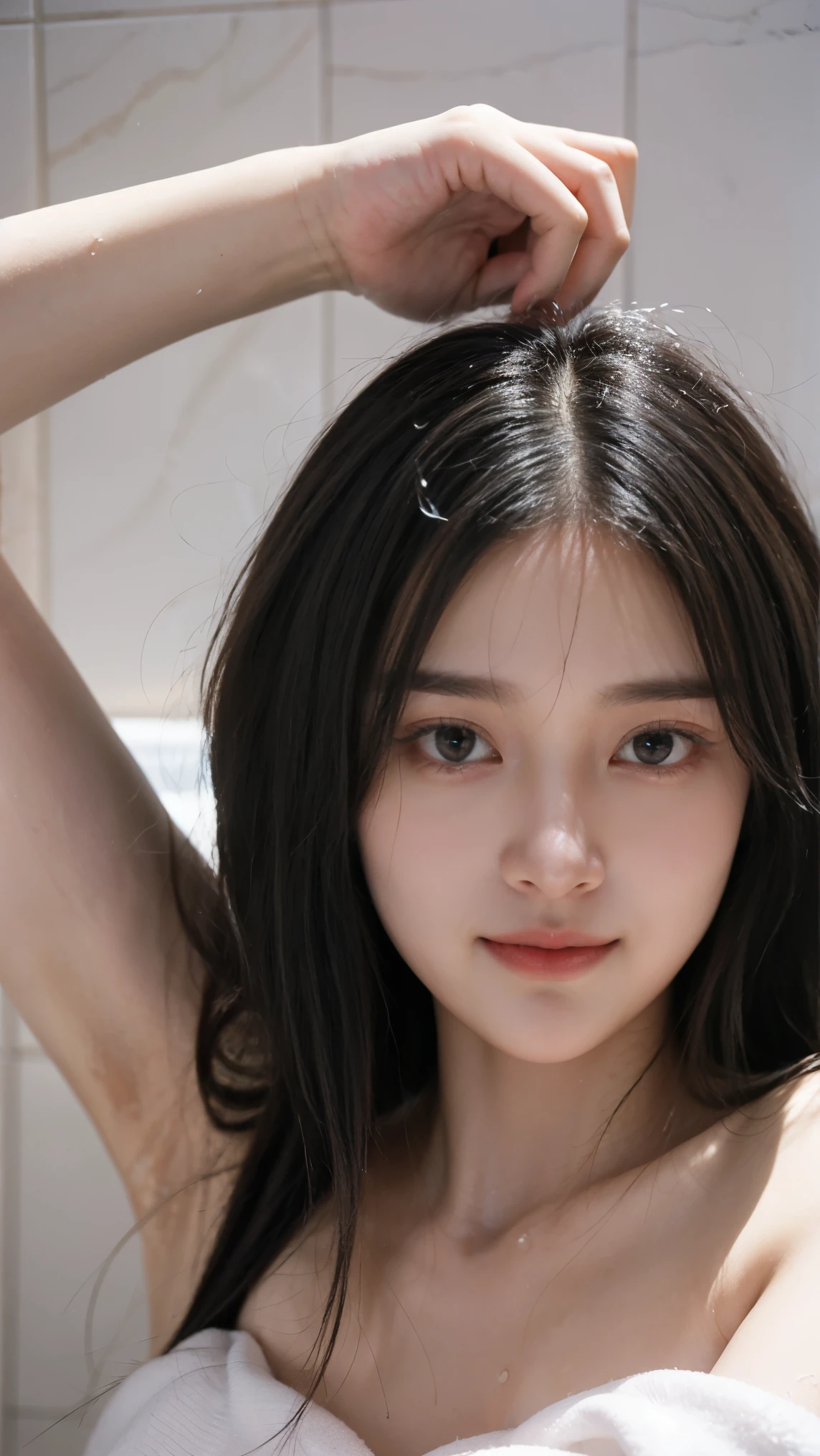masterpiece, best quality, ultra-realistic, cute young woman, Korean idol, heart-shaped face, large almond eyes, silky black hair styled in soft waves, small rosy lips, warm and inviting smile, wet body, water droplets on skin, wrapped in a white towel, gentle smile, showerhead, bathroom tiles, water splashing, steamy bathroom, soft ambient lighting, water reflections, close-up, detailed facial features, realistic water effects, 85mm lens, portrait photography