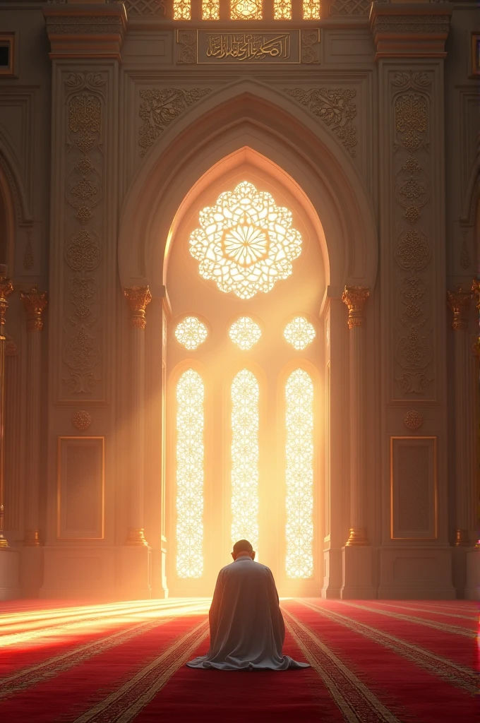 A magnificent mosque with a Muslim prostrating in prayer. The mosque is filled with light from beautiful windows, showing tranquility and sincerity in worship. The background shows a peaceful atmosphere inside the mosque with calligraphy decorations on the walls.