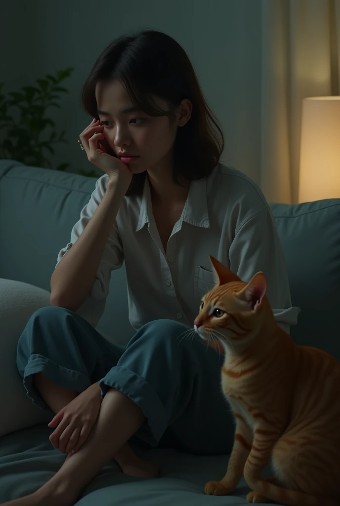 "A young woman in her early 20s with a contemplative expression sits in a softly lit room. She has an air of sadness but remains composed and okay for now. Beside her, an orange cat sits calmly. The setting is too dark, capturing a gentle, balanced ambiance.