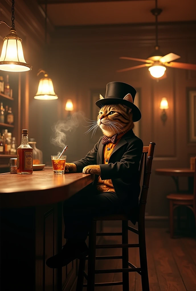 In a dimly lit, vintage-style bar, the wooden floor creaks softly, and a ceiling fan slowly spins above. The bar counter is lined with various bottles of liquor. By the bar, a tiger-striped Maine Coon cat sits on a high stool, wearing a tiny suit jacket and a miniature top hat, looking quite “sophisticated.” The cat gently holds a tiny cigarette between its paws, with smoke slowly rising in front of its face. It lifts its eyelids and squints, as if deep in thought.

In its other paw, the cat holds a miniature glass of whiskey, the liquid nearly spilling over the rim. The cat lightly swirls the glass, as if savoring the aroma of the drink. It slowly brings the glass to its mouth, carefully licking a small sip, then contentedly narrows its eyes, seemingly enjoying the intoxicating taste. Suddenly, the cat snaps its fingers at the bartender and says in a low, gravelly meow, “Another round.” The bartender shakes his head with a sigh and pours the cat another drink.

The cat takes a deep drag from the cigarette and blows a perfect smoke ring, only to suddenly start coughing violently, almost toppling off the stool. It angrily stubs out the cigarette, waving its paw as if complaining that this wasn’t the pleasure it imagined. The cat then grabs the whiskey glass, gulps it down in one go, and smugly pats its belly before leaning back in the chair, closing its eyes, as if ready to take a nap.