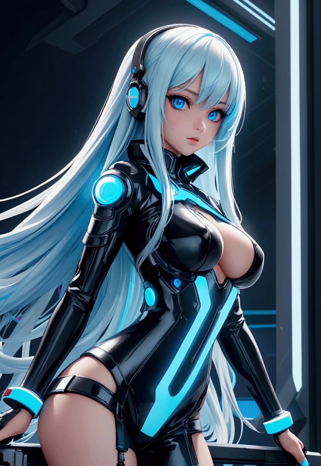 ((best quality)), ((masterpiece)), (detailed), perfect face, a beautiful woman with white long hair and a sky blue reflection, she has a tufted fringe, she has sky blue eyes in a cyberpunk city with sky blue lights, she has total black clothes with some neon sky blue lights on it, Total body.