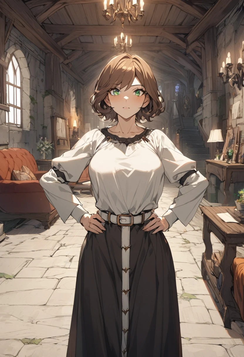 1girl, mature female, brown hair, short hair, green eyes, black dress, white belt, indoors, living room, standing, hands on hips, pov, medieval fantasy.