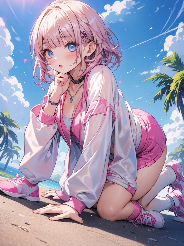 One girl, alone, Park Background, masterpiece:1.2, Very detailed, blue eyes, Blonde, short hair, Plump lips, Gal Makeup, Fluorescent pink jacket, White rubber skin suit, pink sports shoes, White pants, blush, Open your mouth, On all fours.