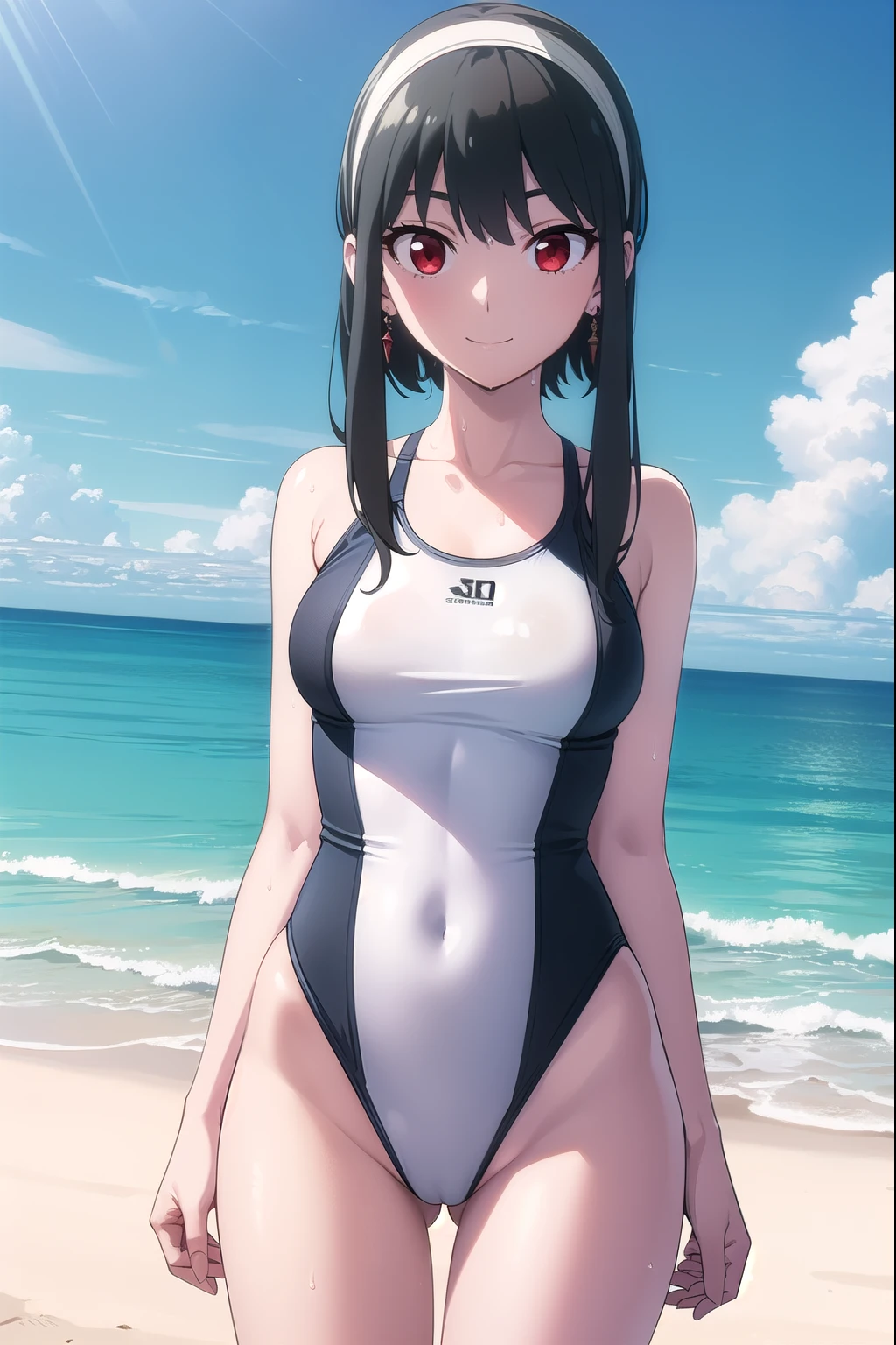 (masterpiece:1.2),(Highest quality), (High resolution), (unity 8k wallpaper), (shape:0.8), (Beautiful attention to detail:1.6), Highly detailed face Yorbraia, (Yor Briar), Black Hair, (Red eyes:1.5), Earrings, Long Hair, white hairband, (Medium Breasted:1.2), smile, Put your arms behind your back, whole body, Extremely detailed CG, (Perfect hands, Perfect Anatomy), ( black competition swimsuit), (wet), View your viewers, enter the sea, Cowboy Shot, dutch angle, Outdoors, beach