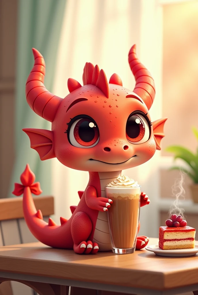 cartoon cute red dragon sipping iced coffee with cake