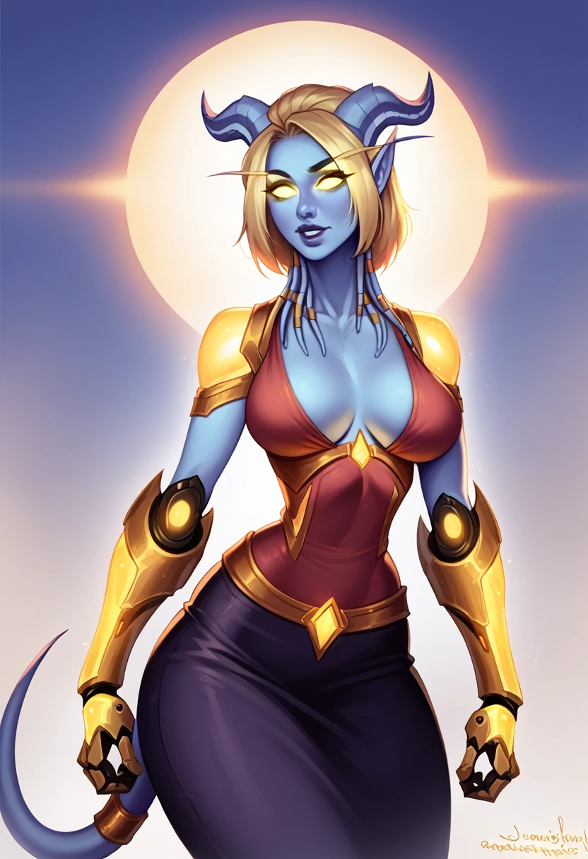 A hybrid draenei bloodelf woman with long pointy ears and draenei horns, gigantic breasts, narrow waist, wide hips, cyborg body parts, glowing gold eyes, gold tinted skin, gold hair, facial tattoos, gold necklace, cyborg arms and chest, draenei jewelry over the body, sci-fi, intricate details, hyper realistic, cinematic lighting, dark fantasy, chiaroscuro,volumetric lighting,glowing energy,photorealistic,8k,best quality,masterpiece