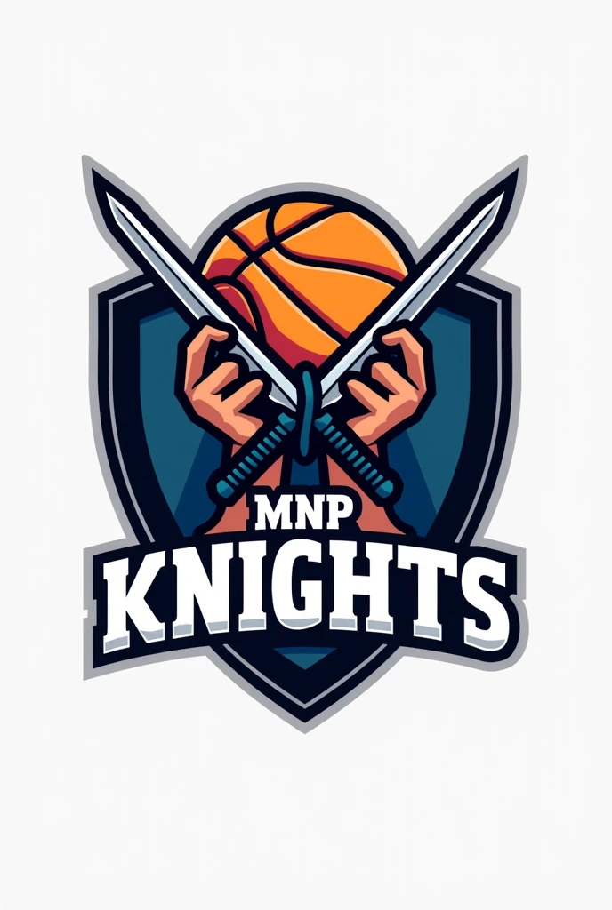 Create a logo, entitled MNP knights the design is half volleyball ball and basketball ball with two hands and shield and swords include the "MNP KNIGHTS"
MNP mean is mano po