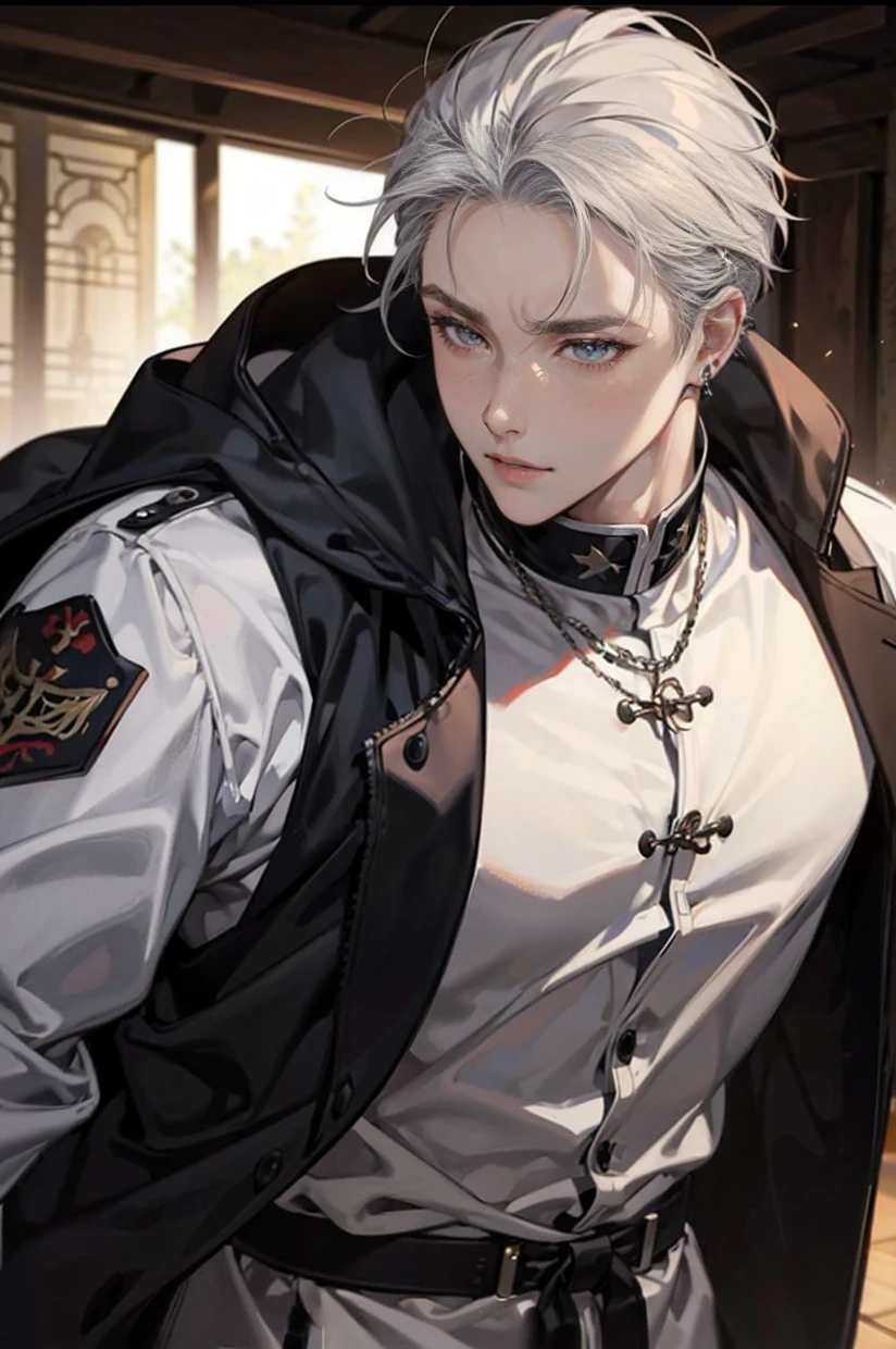 male性、soldier、uniform、knight、soldier、Oil painting style、Europe、Oil painting、antique、Silver Hair、Silver Hair、2 Blocks、I can see the ears、Berry Short、bad、Intimidating、Yankee、masterpiece、High resolution、30 years old、male、Young people、maleらしい、Eyebrows that are not too thick、Ear piercing、Lots of earrings、Stocky build、crude、rough、bullish expression、Muscular、目つきがbad、Image on chest、He seems to be good at fighting、Highest quality, High resolutionモデル, Center parting、Droopy eyes, Shortcuts、Downer、Gala's bad、Adult、No bangs、Well-built、Not classy、Large build、Strong bite、Forehead showing、The forehead is protruding
