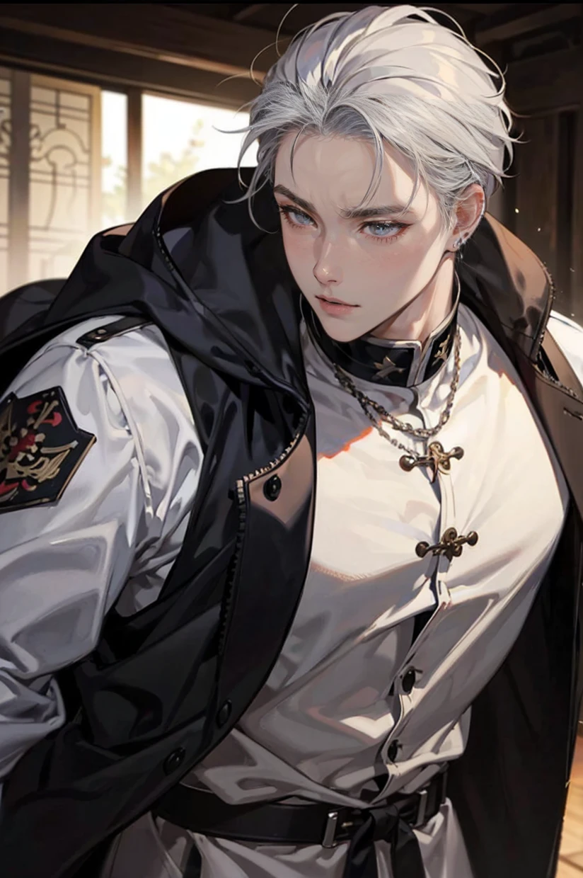 male性、soldier、uniform、knight、soldier、Oil painting style、Europe、Oil painting、antique、Silver Hair、Silver Hair、2 Blocks、I can see the ears、Berry Short、bad、Intimidating、Yankee、masterpiece、High resolution、30 years old、male、Young people、maleらしい、Eyebrows that are not too thick、Ear piercing、Lots of earrings、Stocky build、crude、rough、bullish expression、Muscular、目つきがbad、Image on chest、He seems to be good at fighting、Highest quality, High resolutionモデル, Center parting、Droopy eyes, Shortcuts、Downer、Gala's bad、Adult、No bangs、Well-built、Not classy、Large build、Strong bite、Forehead showing、The forehead is protruding