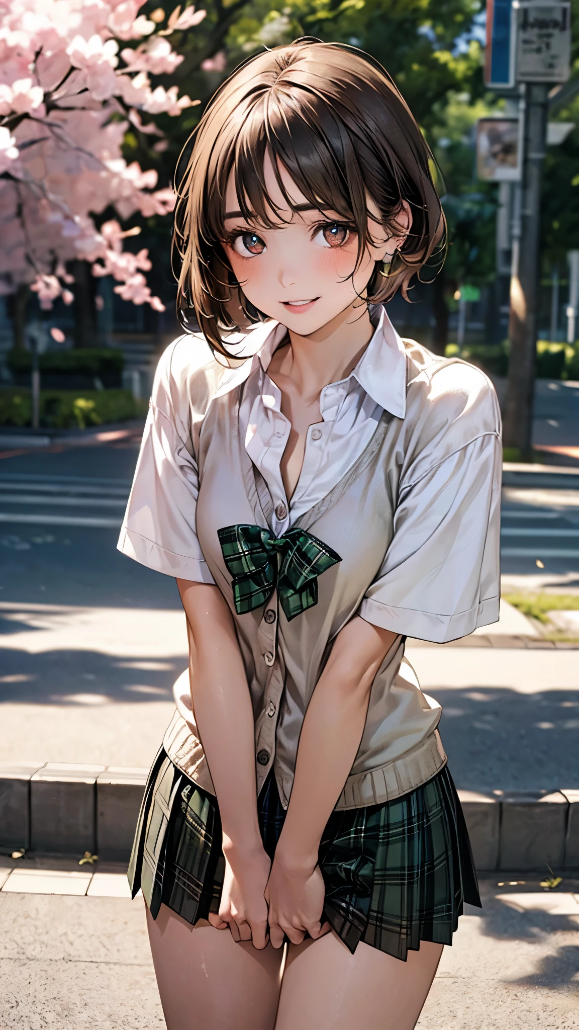 (masterpiece:1.2, top-quality), (realistic, photorealistic:1.4), beautiful illustration, (natural side lighting, movie lighting), depth of fields, nsfw, 
beautiful detailed hair, beautiful detailed face, beautiful detailed eyes, beautiful clavicle, beautiful body, beautiful chest, beautiful thigh, beautiful legs, 
looking at viewer, 1 girl, 12 years old, (perfect anatomy, anatomically correct, super detailed skin), cute and symmetrical face, perfect face, perfect eyes, 
(short hair:1.5, straight hair, dark brown hair), swept bangs, brown eyes, big eyes, long eye lasher, (medium breasts, seductive thighs), perfect body, shiny skin, pink skin, 
(short sleeve white collared shirt, light brown knit cardigan, green plaid pleated mini skirt, green plaid bow tie), break white socks, 
(beautiful scenery), evening, (cherry tree), standing, (lovely smile, parted lips), 