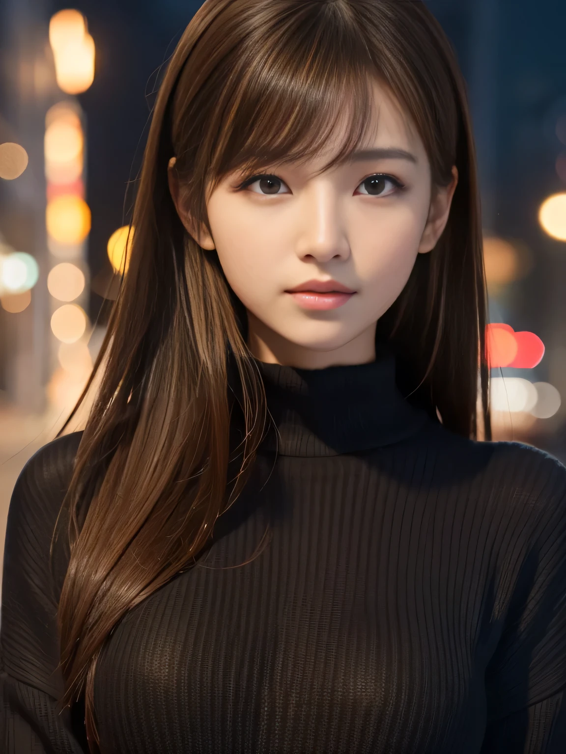 ​masterpiece, 1 beautiful girl, detailed eye, Puffy eyes, top-quality, high resolution, (Realisticity: 1.4), cinematlic lighting, Asian Beauty, Korea idol, Super beauty, Beautiful skin, slender, (A hyper-realistic), (hight resolution), (8K), (ighly detailed), (beautifully detailed eyes), (ultra-detailliert), (wall), detailed face, Bright lighting, profetional lighting, looking at viewert, Facing straight ahead, Black knitwear, oblique bangs, nighttime scene, Brown hair, age19, tall,