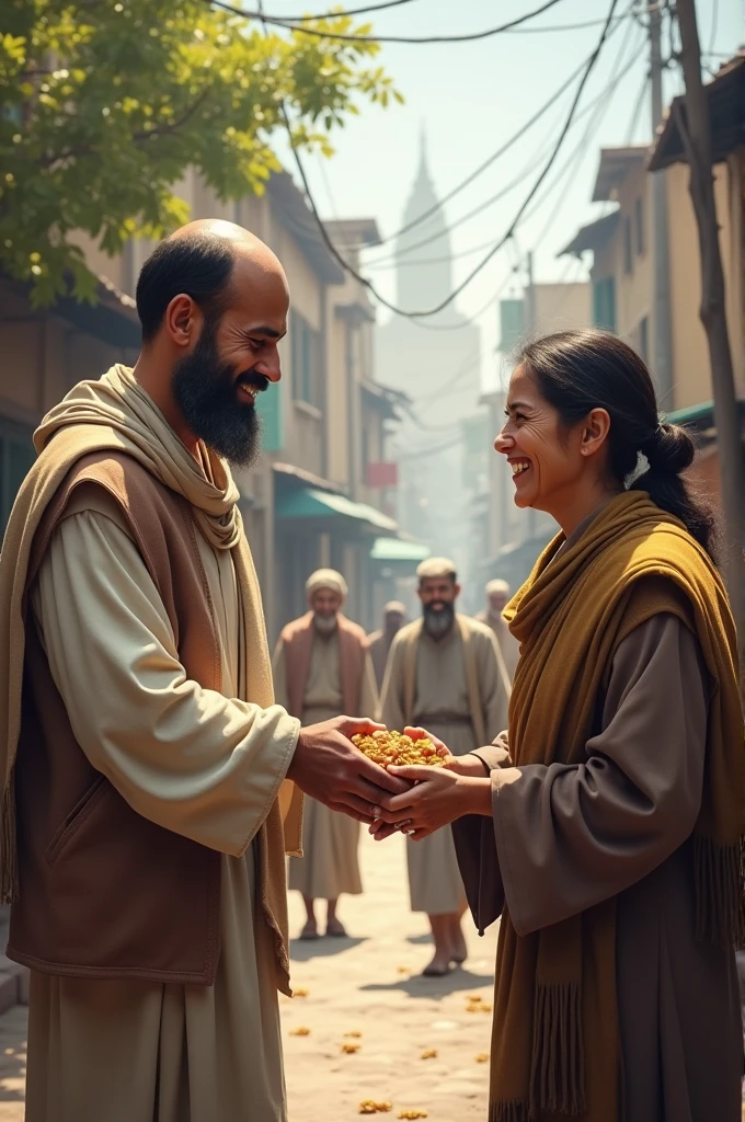 A man or woman gives alms to a poor person on the roadside. This image captures a smile on the recipient's face, Against the backdrop of a simple city street, illustrating the importance of righteous deeds and helping others.