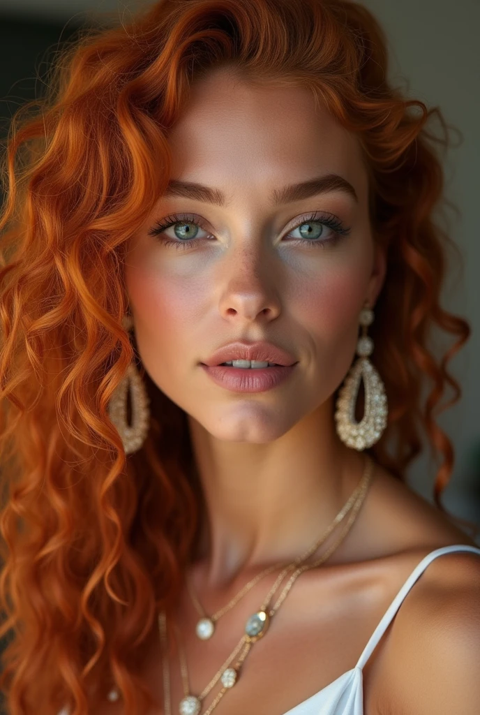 (Realistic photo of a beautiful woman, 40 years old, grey eyes, full full lips, red hair, long curly hair, curls, tanned skin, jewellery, realistic, soft lighting, professional photography, photorealistic, detailed, RAW, sharp focus, ultra-high resolution, best quality, masterpiece, (best quality, high-resolution, ultra-detailed:1. 2), HDR, bright colours, summer dress, curvy, sexy, sultry, big earrings,
