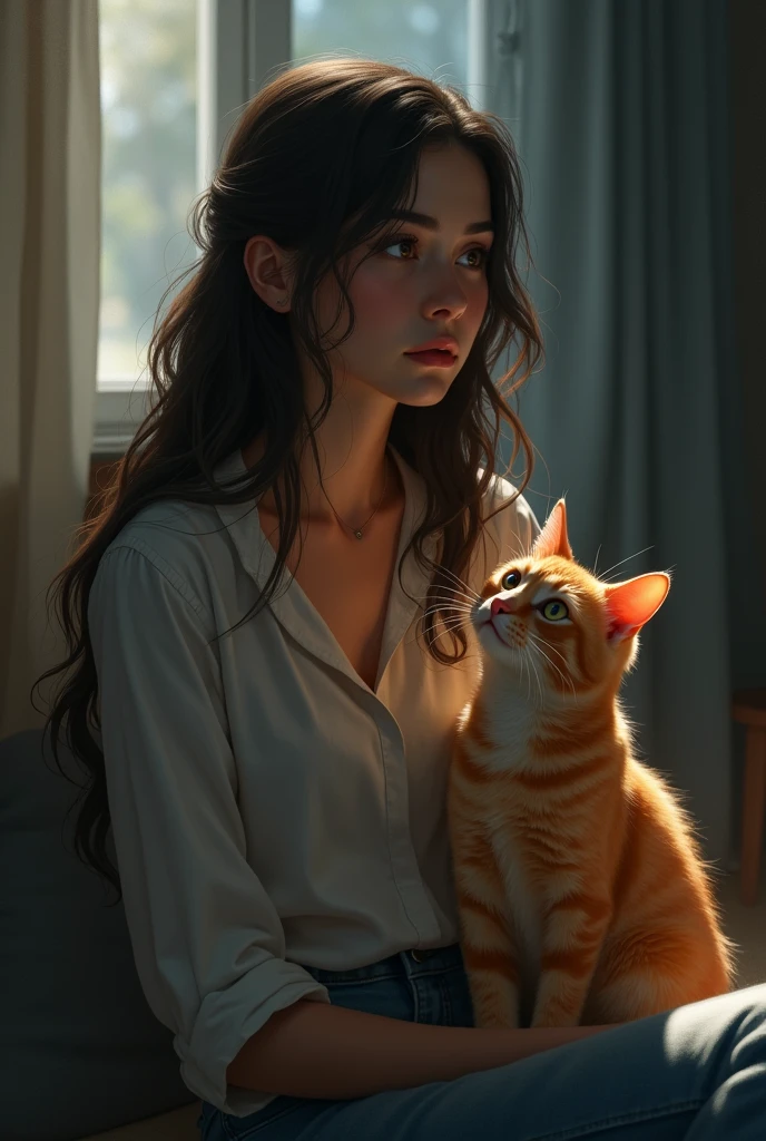"A young woman in her early 20s with a contemplative expression sits in a softly lit room. She has an air of sadness but remains composed and okay for now. Beside her, an orange cat sits calmly. The setting is too dark, capturing a gentle, balanced ambiance.