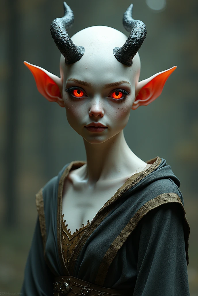A highly detailed and realistic image of a female Karnathi humanoid character based on the provided reference. The character stands at 1.8 meters tall with a light gray skin tone that has a smooth, almost metallic texture. She is depicted in a frontal position, standing still and looking directly at the viewer, her gaze intense and focused. Facial and Body Details: Her face retains its distinct Karnathi features, with bony protrusions on her forehead and head that resemble a crown, smaller in size compared to typical horns. These horns are curved slightly backward, adding to her otherworldly appearance. The facial structure is sharp, with high cheekbones, a strong jawline, and deep-set eyes that convey intelligence and strength. The light gray bone-like scales are visible across her shoulders, upper chest, and forearms, contrasting subtly with her skin tone and adding to her formidable appearance. Pose and Expression: The Karnathi is posed confidently, with her shoulders squared and her posture upright, giving an impression of authority and power. Her eyes, a vibrant orange, are piercing and draw the viewer's attention, creating a direct connection. Her expression is serious, with a slight frown, suggesting focus and determination. Clothing: She wears minimal clothing that consists of dark-toned undergarments, which contrast with her lighter skin and highlight her athletic, muscular build. The clothing is simple but functional, designed to accentuate her physical form while providing coverage. Background: The background should remain neutral and unobtrusive, ensuring that all attention is focused on the Karnathi character and her intricate details. The lighting is soft yet sufficient to highlight the textures of her skin, scales, and clothing, creating a sense of depth and realism.