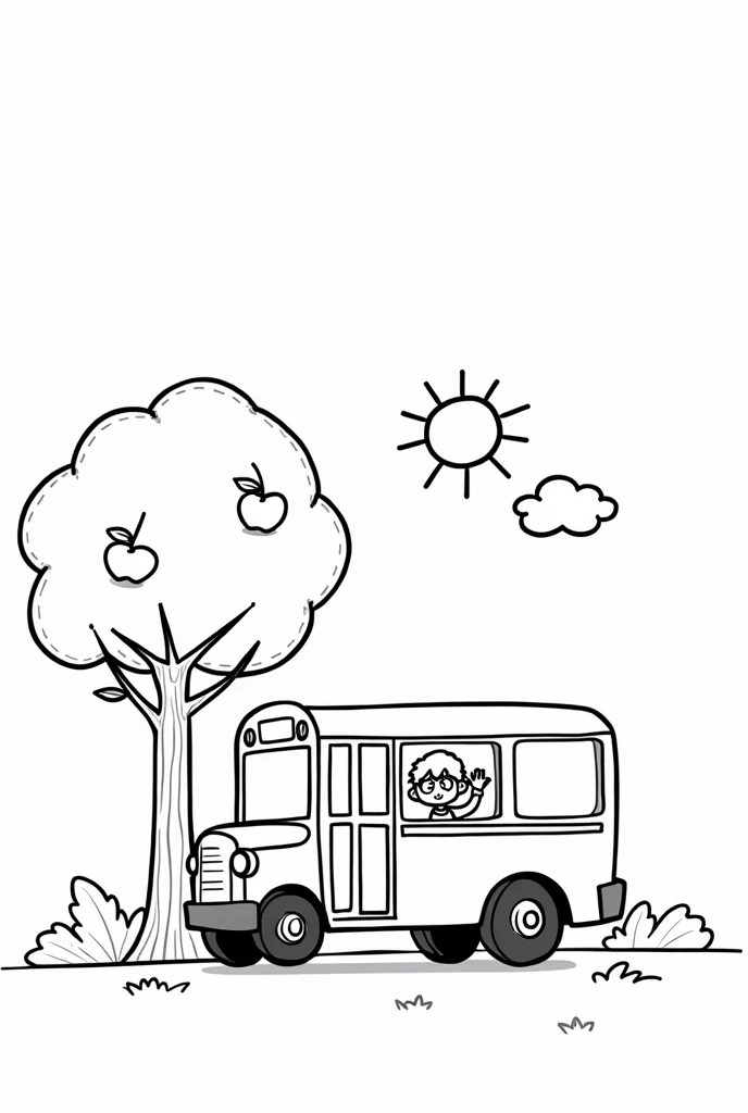 Art vectoriel, Aplanissement, dessin au trait lisse, minimalisme, esthétique du design graphique, illustration plate, (chef-d'œuvre, Meilleure qualité, composition parfaite, très esthétique, absurdes, ultra-détaillé, détails complexes, professionnel, art officiel, Travail représentatif:1.3) Create a simple back-to-school coloring page featuring a large, friendly school bus in the center. The bus has big, round wheels and an open door. A student is waving from the window, and there's a stop sign on the side of the bus. Next to the bus, there's a tree with a few apples hanging from its branches. Above, a bright sun shines in the sky with a few clouds