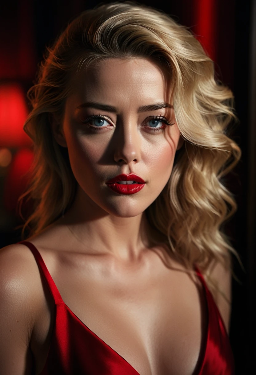 (facial portrait:1.2), a woman (amber heard), red dress, blonde, lustful, extremely detailed eyes and face, beautiful detailed lips, longeyelashes, cinematic lighting, chiaroscuro, dramatic, moody, rich colors, luxurious, captivating, mesmerizing