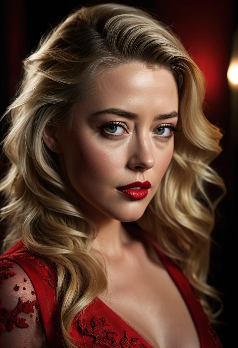 (facial portrait:1.2), a woman (amber heard), red dress, blonde, lustful, extremely detailed eyes and face, beautiful detailed lips, longeyelashes, cinematic lighting, chiaroscuro, dramatic, moody, rich colors, luxurious, captivating, mesmerizing