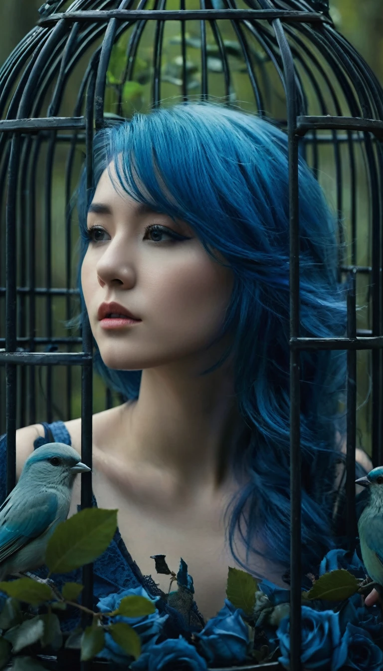 Close up Image of a blue hair beautiful girl sitting on the sofa inside the bird cage, forests of clocks interspersed with forests of thorns, dark, gloomy, mysterious but full of magic, shimmeringly beautiful, in the distance there is a giant birdcage surrounded by climbing black roses, , cinematic color, 16K, UHD, K-Pop Style
