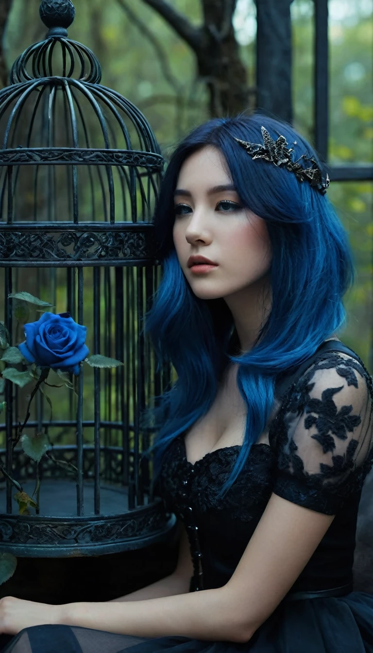 Close up Image of a blue hair beautiful girl sitting on the sofa inside the bird cage, forests of clocks interspersed with forests of thorns, dark, gloomy, mysterious but full of magic, shimmeringly beautiful, in the distance there is a giant birdcage surrounded by climbing black roses, , cinematic color, 16K, UHD, K-Pop Style
