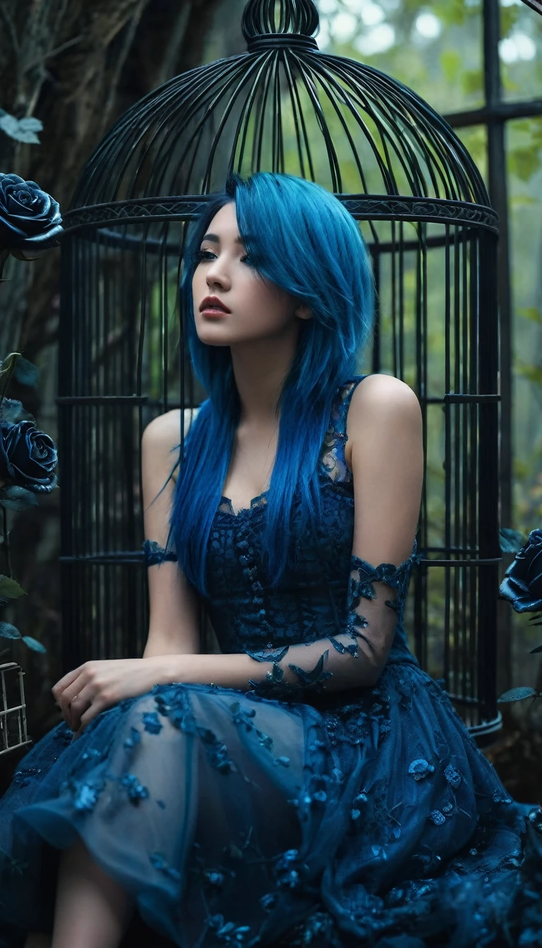 Close up Image of a blue hair beautiful girl sitting on the sofa inside the bird cage, forests of clocks interspersed with forests of thorns, dark, gloomy, mysterious but full of magic, shimmeringly beautiful, in the distance there is a giant birdcage surrounded by climbing black roses, , cinematic color, 16K, UHD, K-Pop Style

