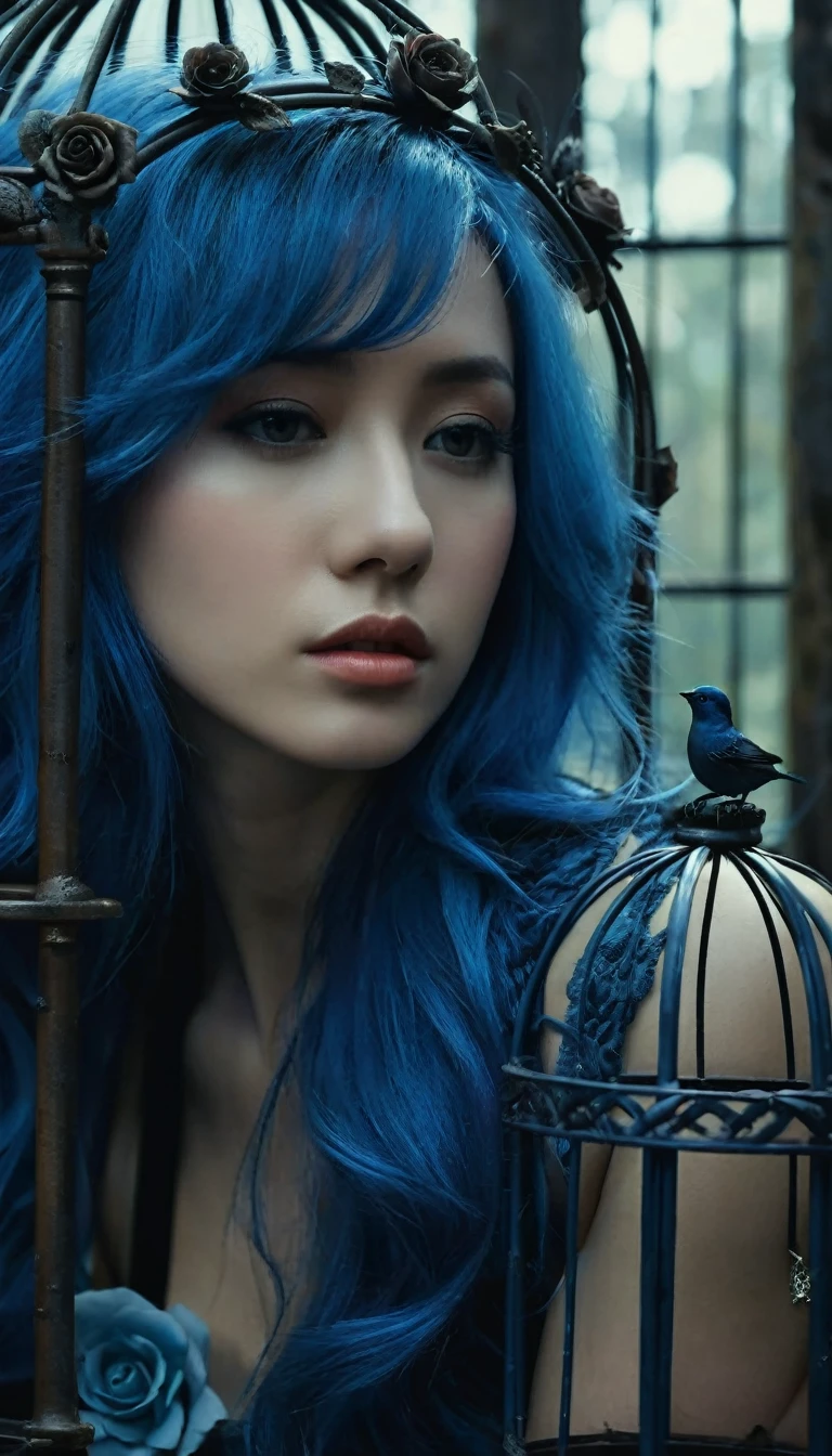Close up Image of a blue hair beautiful girl sitting on the sofa inside the bird cage, forests of clocks interspersed with forests of thorns, dark, gloomy, mysterious but full of magic, shimmeringly beautiful, in the distance there is a giant birdcage surrounded by climbing black roses, , cinematic color, 16K, UHD, K-Pop Style