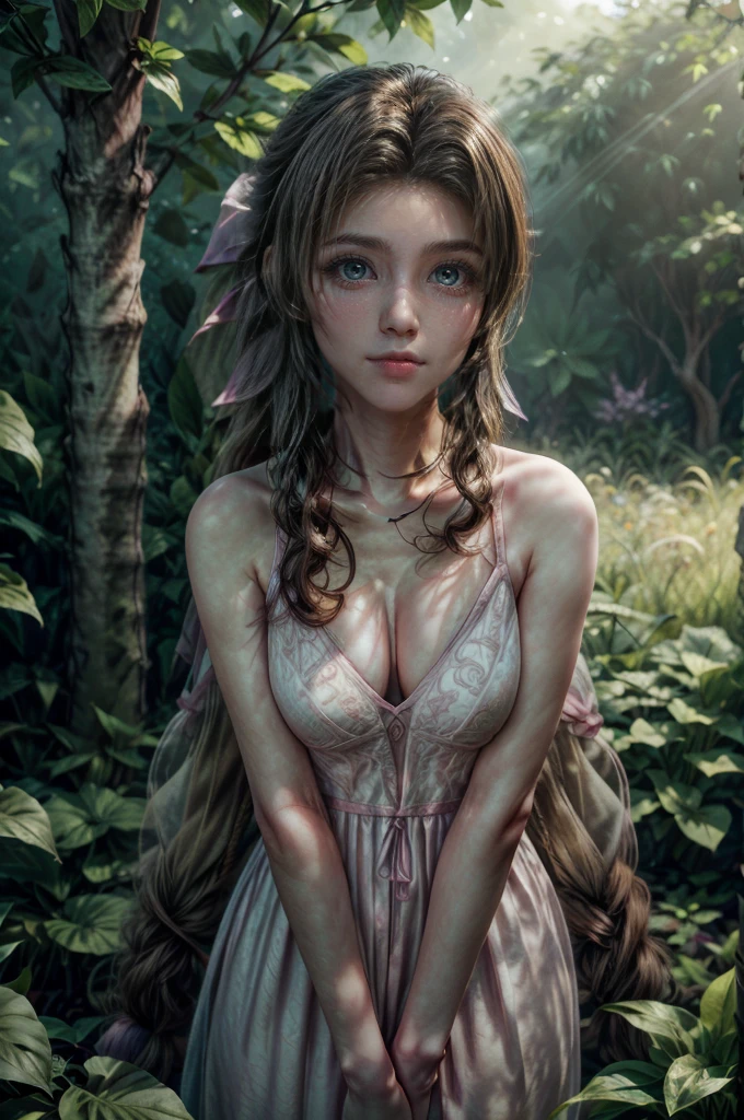 a beautiful woman with long brown hair, green eyes, cute lips, detailed face, slender figure, wearing a pink dress, standing in a lush green garden, sunlight streaming through the foliage, magical, serene atmosphere, (best quality,4k,8k,highres,masterpiece:1.2),ultra-detailed,(realistic,photorealistic,photo-realistic:1.37),intricate background details, vibrant colors, soft lighting, fantasy art style
