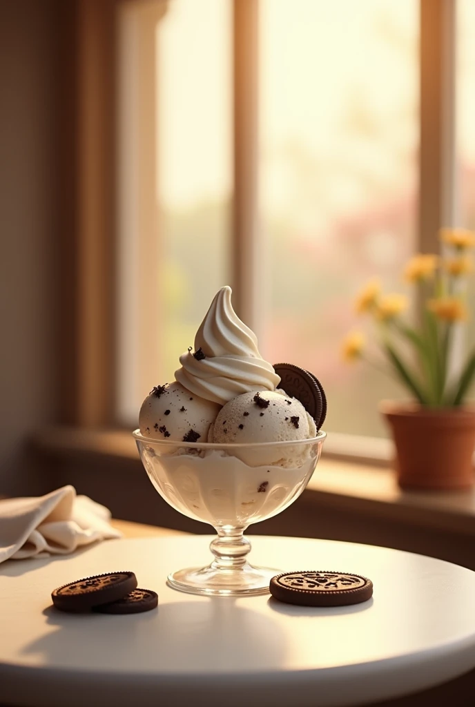 A simple cafe table with a cookies and cream ice cream in the Golden hour
