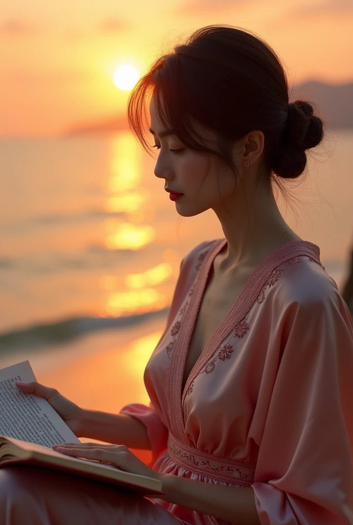 high quality、8K Ultra HD、Wearing an embroidered silk nightgown、A Japanese woman quietly enjoying reading。The Sunset Coast serves as a backdrop.、The details are captured by the Goddess、Crisp lines、Background sharp focus、Double Exposure、By yukisakura、Amazing full color。