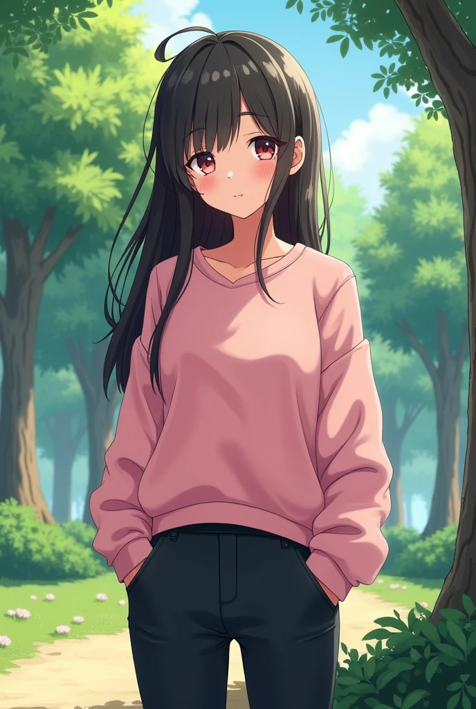 Anime girl With Tanned skin in a Park she werering a pink sweat and a black pants