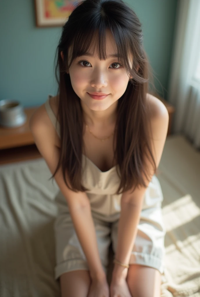 (Best-quality, Masterpiece, Ultra-High-Resolution, (Photorealistic:1.4), Raw Photo, depth of field, professional lighting, perfect anatomy, extremely details), 1girl, 15-years-old, the most famous Japanese idol, ((sitting on chair in kitchen, showing crotch, panty shot)), (wearing sleeveless casual-dress with cute-design), (looking at viewer), (innocent smile), (extremely cute face like the most popular Japanese idol, ((extremely cute and extremely big round-eyes)), extremely cute hair), ((((extremely beautiful and extremely realistic skins)))), extremely cute long-eyelashes, extremely cute lips, extremely childish body