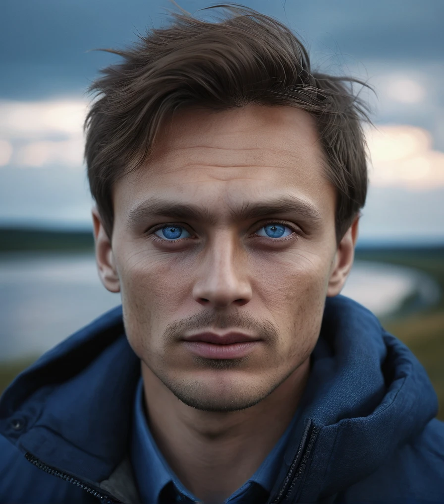 Man. Brown hair. Light skin. Dark Blue-grey eyes. Russian nationality. 30 years old., (best quality,4k,8k,highres,masterpiece:1.2),ultra-detailed,(realistic,photorealistic,photo-realistic:1.37),cinematic composition,beautiful scenery,moody,atmospheric,vibrant colors