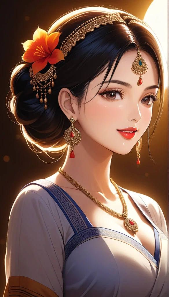 (1 woman, detailed alluring eyes, beautiful detailed lips, mature, single hair braid,apron , big long moon jhumka earrings, beautiful face, smiling, red lipstick,  bangles, saggy breasts, photorealistic, 8k, hyperdetailed, vibrant colors, studio lighting, masterpiece, cinematic composition, dramatic lighting, intricate details, highly realistic skin textures, volumetric lighting, beautiful intricate jewelry, warm color palette, natural lighting, elegant pose, beautiful detailed expression, hyper realistic rendering, seamless blending, flawless skin, glowing skin, delicate features, breathtaking realism, striking composition, tall, necklace, full body view),flower in her head, piercing, mehendi, jewellery ,hair brochure,waist jewellery,chain jewellery,anklets,full body accessories 